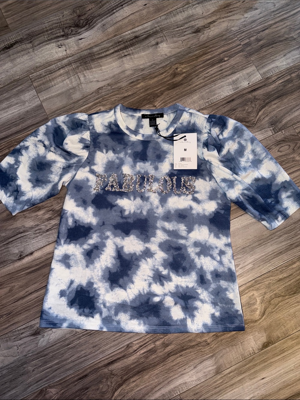 Tie-Dye Short Sleeve Top with Rhinestone 'FABULOUS' - Blue & White